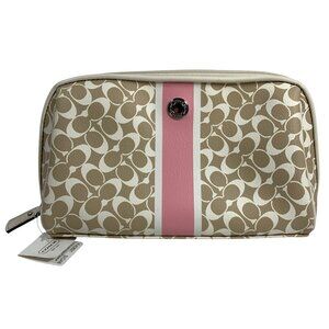 COACH Heritage Khaki, Pink Striped Signature C Logo Medium Cosmetic Bag NWT